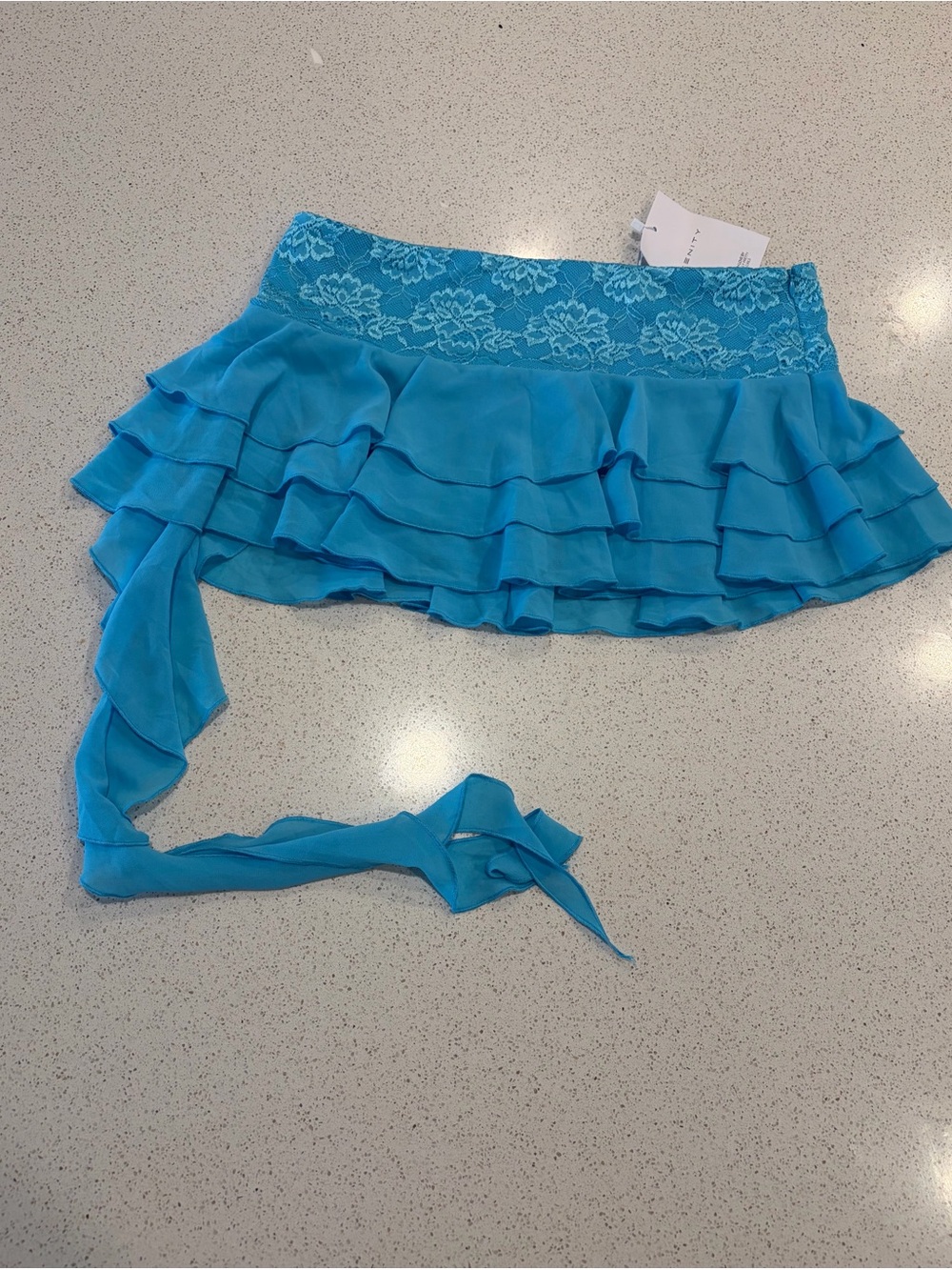 Lace-Waist Turquoise Ruffle Mini Skirt with Side Tie